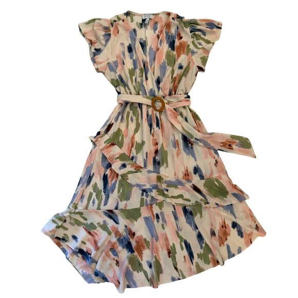 Sofia Jeans Sofia Vergara Ruffle Faux Wrap Midi Dress Size M Pastel Multicolor - Picture 7 of 13